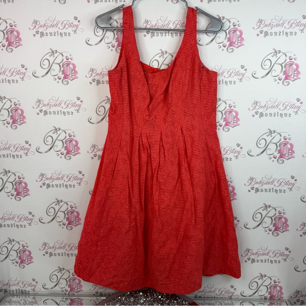 Nine West dress striped red Vibrant Orange Dress zip up back flowy ruffle